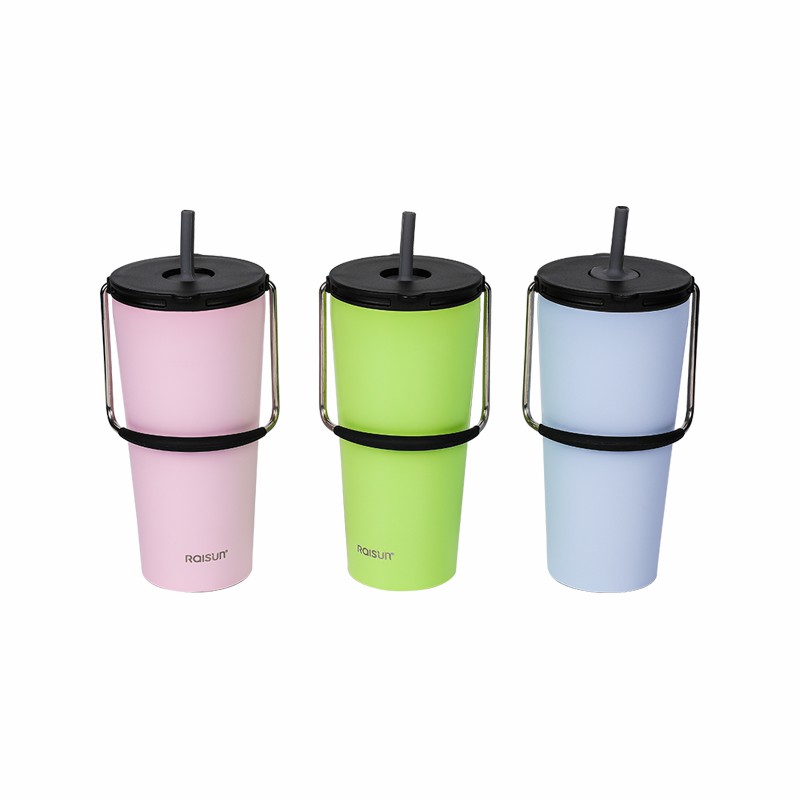 600ml Tall Large Capacity Thermal Coffee Mug Straw Cup Portable Car Cup With Stainless Steel Handle